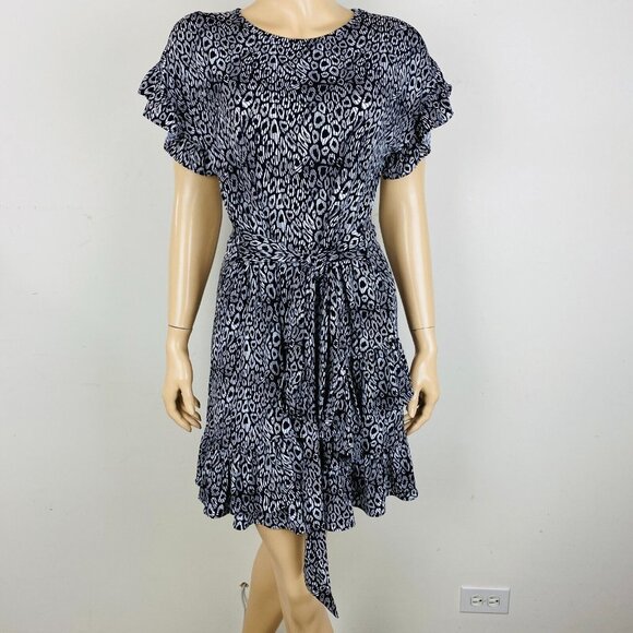 Michael Kors Funky Artsy Leopard Print Women's S Ruffle Cap Sleeve Belted Dress - Picture 1 of 5